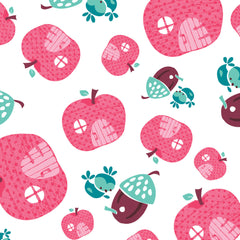 Fairyville Apple Houses White Cotton Fabric