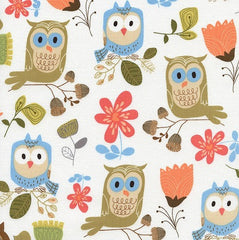 Owl White Cotton Fabric - Orange, Blue & Brown Owls 1/2 Metre