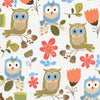 Owl White Cotton Fabric - Orange, Blue & Brown Owls 1/2 Metre
