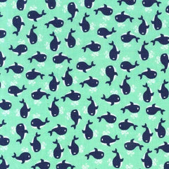 Little Whales Green & Navy Cotton Fabric -1/2 Metre